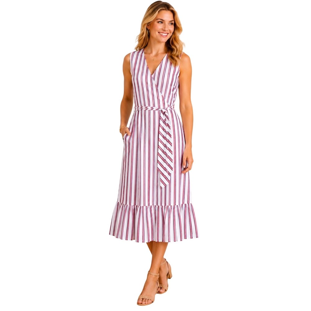 Draper James Sleeveless V-Neck Faux Wrap Midi Dress Pink Navy Stripe Size 6